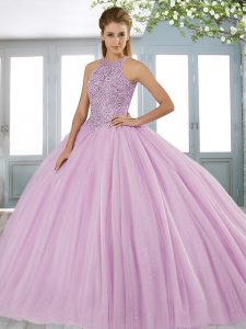 Lilac Ball Gowns Halter Top Sleeveless Tulle Sweep Train Lace Up Beading Sweet 16 Dresses