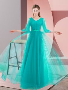 Floor Length A-line Long Sleeves Turquoise Prom Dresses Lace Up