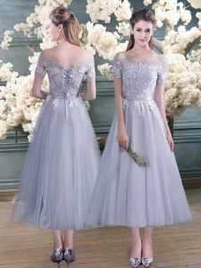 Graceful A-line Grey Off The Shoulder Tulle Short Sleeves Ankle Length Lace Up