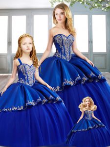 Top Selling Sleeveless Beading and Embroidery Lace Up Quince Ball Gowns with Royal Blue Sweep Train