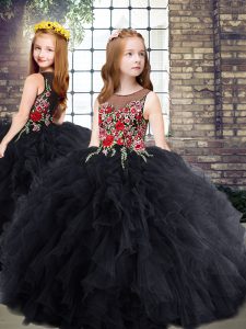 New Style Sleeveless Tulle Floor Length Zipper Little Girl Pageant Gowns in Black with Embroidery and Ruffles