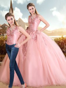 High-neck Sleeveless Quinceanera Dress Beading and Lace Pink Organza