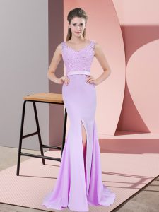 Affordable Chiffon V-neck Sleeveless Sweep Train Zipper Beading and Lace Prom Party Dress in Lilac