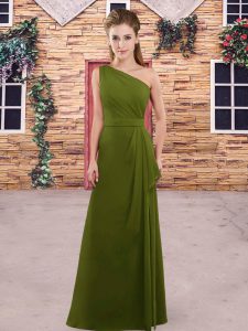 Olive Green Column/Sheath Ruching Wedding Guest Dresses Zipper Chiffon Sleeveless Floor Length