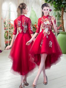 Red A-line High-neck Half Sleeves Tulle High Low Zipper Appliques Prom Party Dress