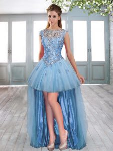 Baby Blue Scoop Neckline Beading and Appliques Prom Evening Gown Sleeveless Lace Up
