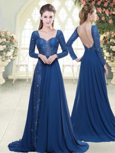 Blue Long Sleeves Chiffon Sweep Train Zipper Evening Dress for Prom and Party