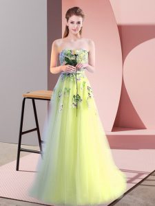 Free and Easy Yellow Green Sleeveless Floor Length Appliques Lace Up Prom Party Dress