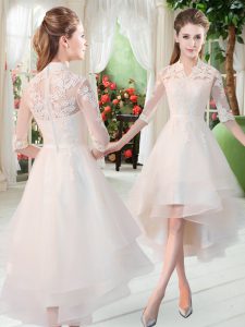 Romantic High-neck Half Sleeves Tulle Prom Evening Gown Appliques Zipper