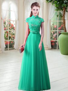 Hot Selling High-neck Cap Sleeves Prom Dresses Floor Length Appliques Green