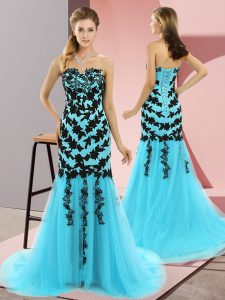 Mermaid Sleeveless Aqua Blue Prom Party Dress Sweep Train Lace Up