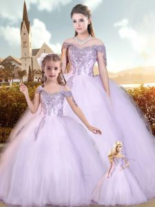 Lavender Ball Gowns Beading and Appliques Sweet 16 Dresses Lace Up Tulle Cap Sleeves Floor Length
