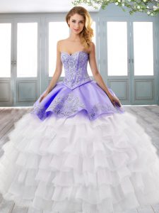 Unique Sweetheart Sleeveless Ball Gown Prom Dress Court Train Embroidery and Ruffled Layers White Organza
