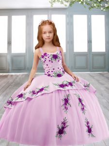 Trendy Satin Straps Sleeveless Sweep Train Lace Up Embroidery Winning Pageant Gowns in Lilac