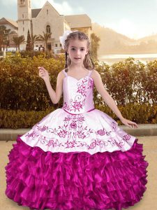Pink And White Ball Gowns Organza Straps Sleeveless Embroidery Floor Length Lace Up Kids Formal Wear