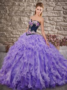 Lavender Ball Gowns Embroidery and Ruffles Quince Ball Gowns Lace Up Organza Sleeveless