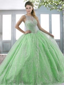 Deluxe Ball Gowns Scoop Sleeveless Tulle Sweep Train Lace Up Beading Quinceanera Dresses