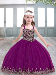 Straps Sleeveless Little Girl Pageant Gowns Floor Length Beading Fuchsia