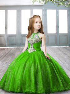Green Organza Lace Up Little Girls Pageant Gowns Sleeveless Floor Length Beading