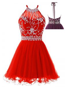 Smart Beading Homecoming Dress Red Backless Sleeveless Mini Length