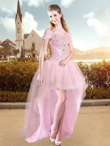 Trendy Off The Shoulder Sleeveless Lace Up Prom Dress Pink Tulle