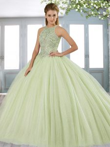 Yellow Green Tulle Lace Up Halter Top Sleeveless Quinceanera Gown Sweep Train Beading
