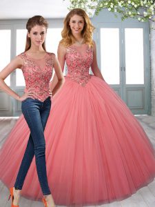 Stylish Pink Two Pieces Beading Quinceanera Gowns Zipper Tulle Sleeveless Floor Length