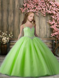 Elegant Sleeveless Floor Length Beading Lace Up Little Girl Pageant Gowns with Yellow Green