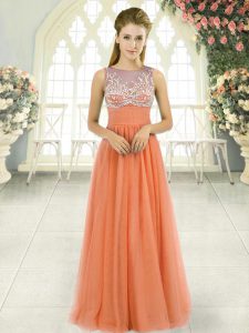 Glamorous Orange Tulle Backless Homecoming Dress Sleeveless Floor Length Beading