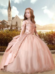 Peach Ball Gowns Satin and Tulle Off The Shoulder 3 4 Length Sleeve Beading and Appliques Floor Length Lace Up Little Gi