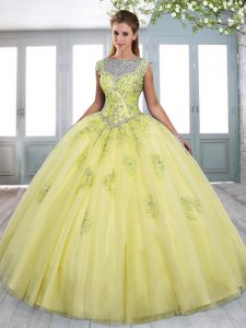 On Sale Yellow Green Tulle Lace Up Sweet 16 Dress Sleeveless Sweep Train Beading and Appliques