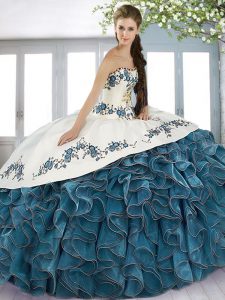 Clearance Teal and Blue And White Ball Gowns Beading and Embroidery and Ruffles Quinceanera Gown Lace Up Satin and Organ