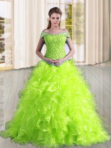 Low Price Yellow Green A-line Off The Shoulder Sleeveless Organza Sweep Train Lace Up Beading and Lace and Ruffles Quinc