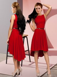 Scoop Sleeveless Dress for Prom High Low Belt Red