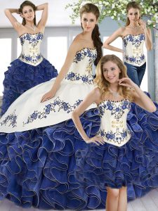 Cute Blue And White Sweetheart Lace Up Beading and Embroidery and Ruffles 15th Birthday Dress Sleeveless