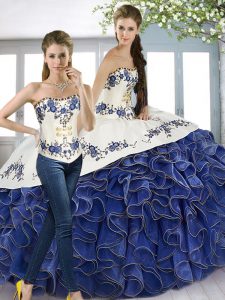 Glittering Beading and Embroidery and Ruffled Layers Vestidos de Quinceanera Blue And White Lace Up Sleeveless Floor Len
