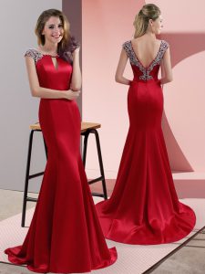 Glorious Red Backless Homecoming Dress Beading Cap Sleeves Sweep Train