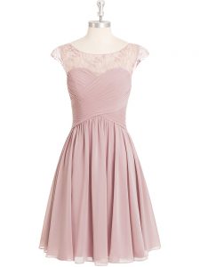 Scoop Cap Sleeves Prom Gown Mini Length Lace Pink Chiffon