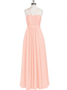 Flirting Pink Empire Chiffon Halter Top Sleeveless Ruching Floor Length Zipper Prom Party Dress