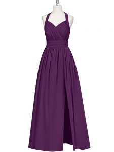 Eggplant Purple Halter Top Neckline Ruching Prom Dress Sleeveless Zipper