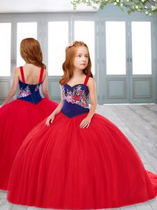 Nice Red Sleeveless Embroidery Lace Up Kids Formal Wear