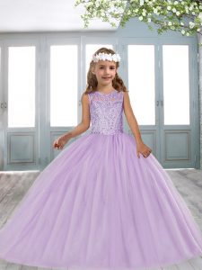 Floor Length Lavender Little Girls Pageant Gowns Scoop Sleeveless Lace Up