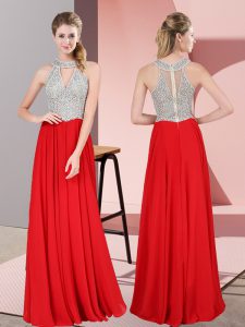 Sleeveless Satin Floor Length Zipper Evening Dress in Red with Beading and Lace