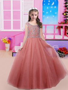 Customized Beading Winning Pageant Gowns Watermelon Red Lace Up Cap Sleeves Floor Length