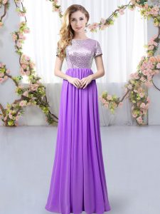 Amazing Scoop Short Sleeves Bridesmaid Dresses Floor Length Sequins Purple Chiffon
