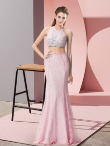 Edgy Lace Halter Top Sleeveless Backless Beading Evening Dress in Pink
