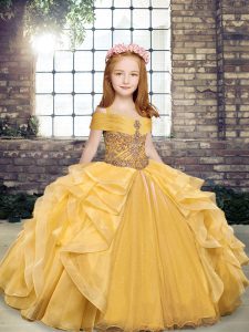 High Class Floor Length Gold Little Girls Pageant Dress Wholesale Off The Shoulder Sleeveless Lace Up