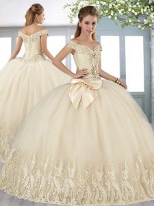 Dynamic Off The Shoulder Sleeveless Sweet 16 Dress Floor Length Beading and Appliques and Bowknot Champagne Tulle