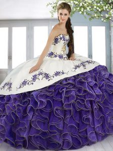 Ideal Purple Ball Gowns Sweetheart Sleeveless Satin and Organza Floor Length Lace Up Beading and Embroidery and Ruffles 