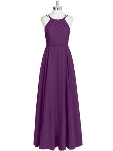 Eggplant Purple Chiffon Zipper Straps Sleeveless Floor Length Prom Party Dress Ruching